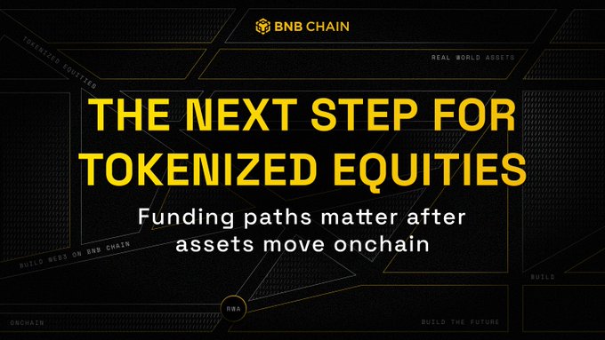 The image shows a black background with white text that reads "The next step for tokenized equities is funding paths matter after assets move onchain". The text is written in yellow, which stands out against the black background. The image also includes a map of a city and a building, adding context to the discussion about tokenized equities.