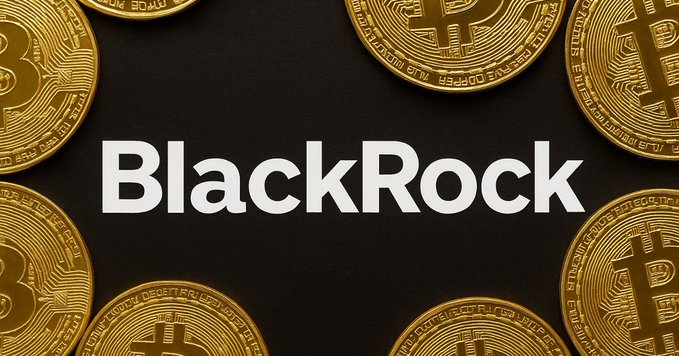 The "BlackRock" logo displayed in white text against a black background surrounded by golden Bitcoin coins.