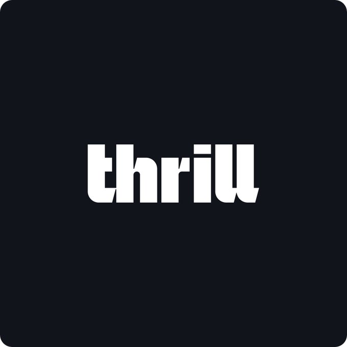 The image features the white "Thrill" logo centered on a dark gray square background, which appears to be the app or platform being promoted in the accompanying post about joining the Thrill wagering community with cash prizes and leaderboards.