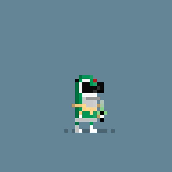 A pixel art illustration of a character in a green and white outfit with a helmet, holding a yellow object, standing against a blue background.