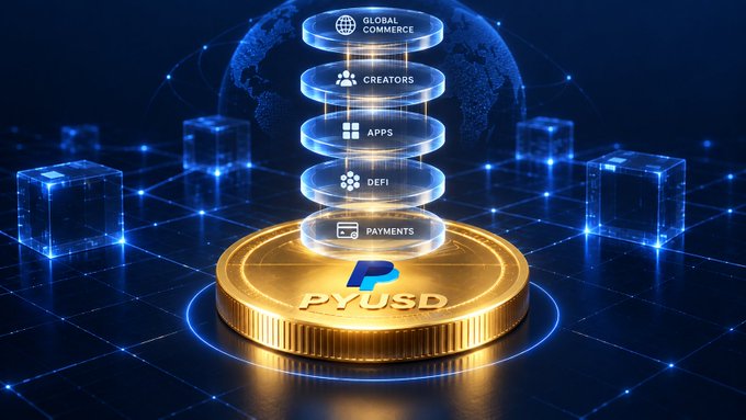 A 3D rendering shows a gold coin labeled 'PYUSD' stacked with glowing blue holographic layers reading 'Global Commerce,' 'Creators,' 'Apps,' 'DeFi,' and 'Payments' against a digital blue background.