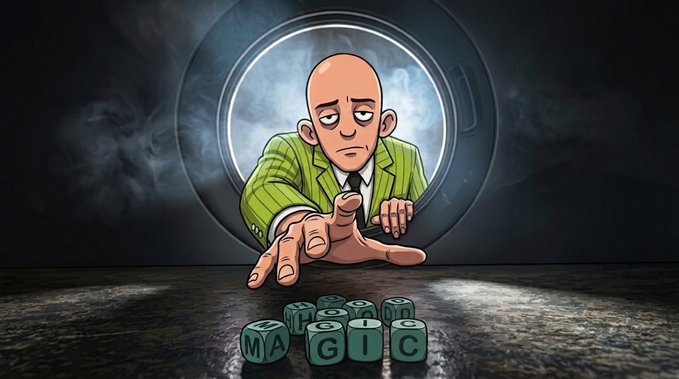 A stylized illustration of a bald, tired-looking man in a green striped suit reaching toward the viewer, with dice spelling 'MAGIC' on the ground in front of him.