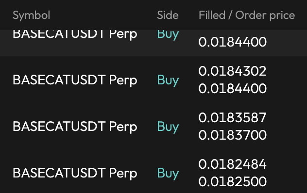 The image displays a trading order history showing four buy orders on the BASECATUSDT Perp trading pair at prices ranging from 0.0182484 to 0.0184400, supporting the post's claim of bottom-buying the $BASECAT token on ASTER for an asymmetric risk/reward setup.