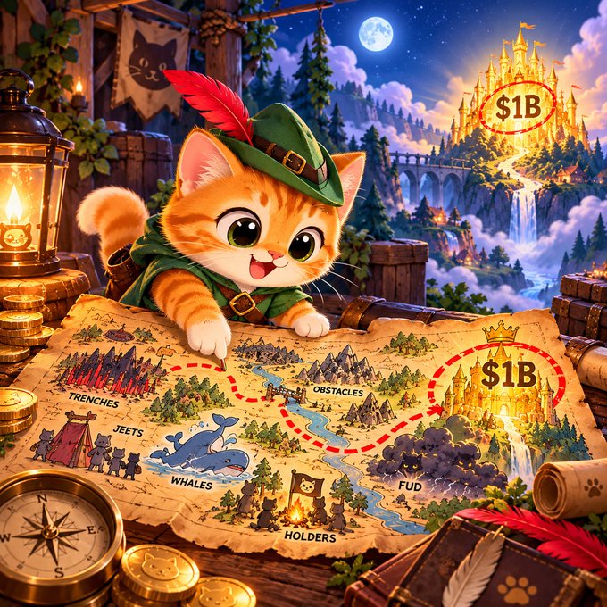 An adventurous orange tabby cat dressed in a green feathered cap leans over an illustrated treasure map marked with "$1B" destinations, charting a course past labeled obstacles like "TRENCHES," "OBSTACLES," "JEETS," "WHALES," "FUD," and "HOLDERS" toward a glowing golden castle.

The whimsical scene perfectly mirrors the post's message, symbolizing the $CATWIFWEATHER token's perilous but determined journey to a $1 billion market cap, with the cat's nine lives representing resilience against every obstacle and skeptic along the way.