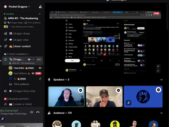 Screenshot of a Discord server called 'Pocket Dragons' showing a live voice channel 'AMA #2 – The Awakening' with 174 in audience, featuring speakers including 'HeartyBoi' and 'Sam Withers' marked LIVE.