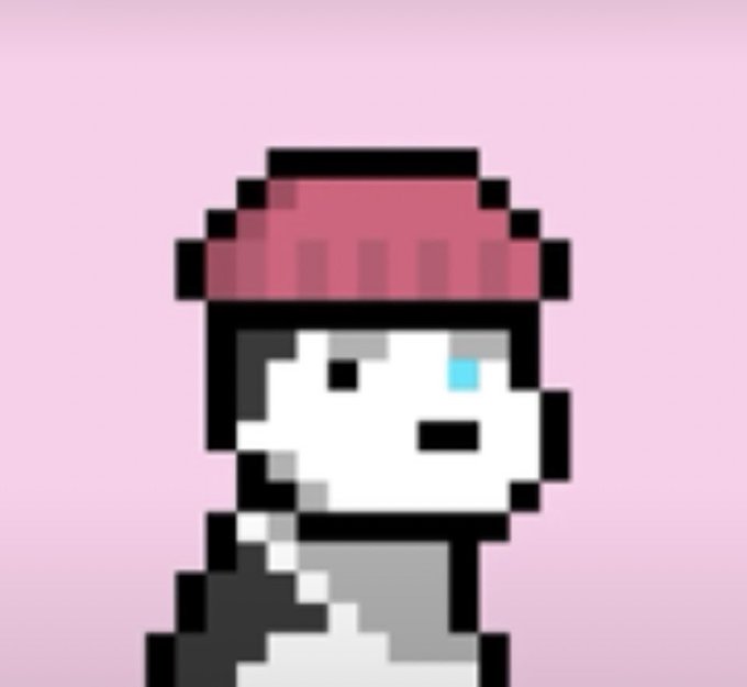 A pixel art character with a white face, wearing a pink beanie and gray scarf against a solid pink background.