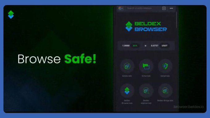 A promotional graphic for Beldex Browser featuring the tagline "Browse Safe!" alongside an interface showing the BDX/USDT exchange rate (1.0000 BDX = 0.0737 USDT) and shortcuts to Beldex dApps like Beldex Browser, Wallet, and Bridge, illustrating how the privacy-focused cryptocurrency enables secure, on-chain browsing.