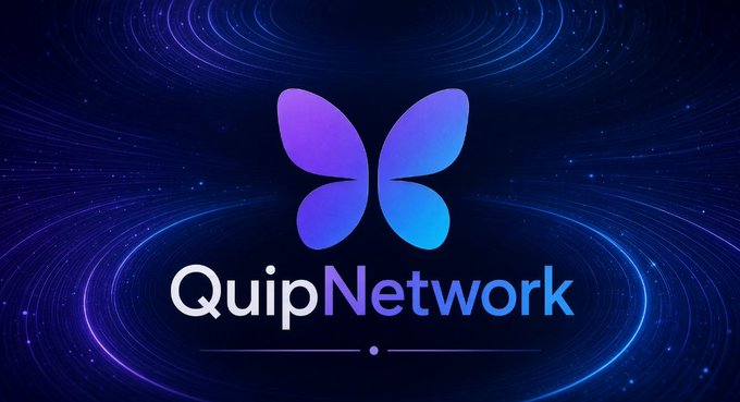 The image displays the QuipNetwork logo—a stylized butterfly in purple and blue gradient—set against a cosmic, swirling blue starfield background. It visually reinforces the post by serving as a branded graphic for QuipNetwork, the platform being discussed in relation to its Eigen Keys feature.