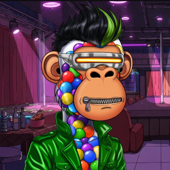 A vibrant digital illustration of a Bored Ape-style NFT character with a zipper mouth, wearing a green visor with an orange lens, a multicolored bubble-filled body, and a green leather jacket, set in a neon-lit club.