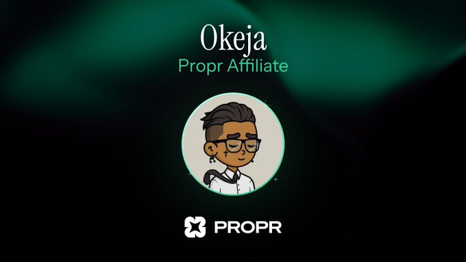 A profile card displaying the name 'Okeja' labeled as 'Propr Affiliate' with a cartoon avatar of a person with glasses and a star tattoo, on a dark green background with the PROPR logo.