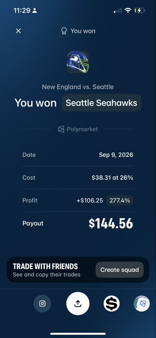 A mobile phone screenshot displays a Polymarket betting result showing "You won Seattle Seahawks" with a profit of "+$106.25" and a payout of "$144.56" on Sep 9, 2026.