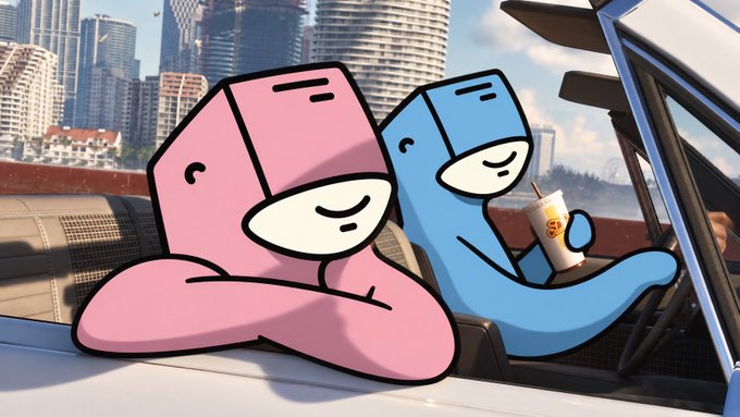 A digital illustration of cartoon characters, one pink and one blue, relaxing in a convertible car overlooking a city skyline.
