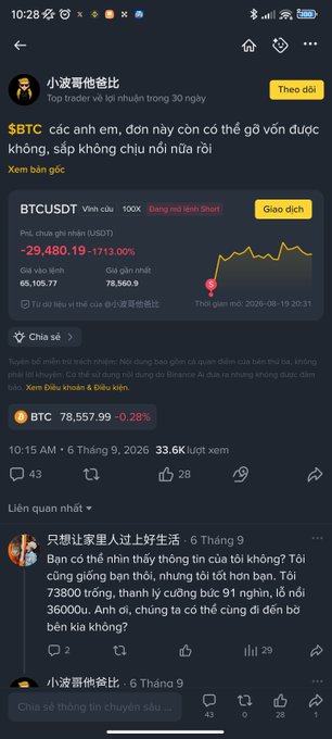 A screenshot of a Vietnamese cryptocurrency trading app showing a post from '小波哥他爸比' about $BTC with a -29,480.19 (-1713.00%) loss chart, alongside other posts about Binance AI and 'nanoloop'-related discussion.