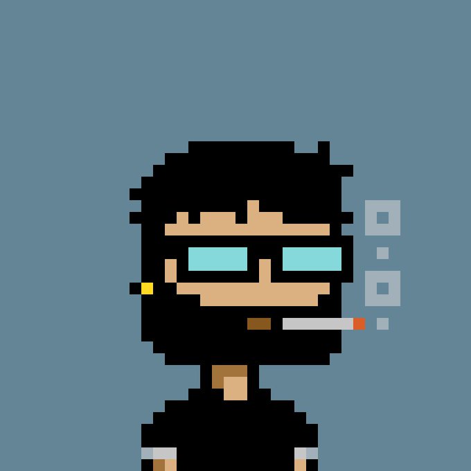 A pixel art image of a bearded man wearing sunglasses and smoking a cigarette against a blue background.