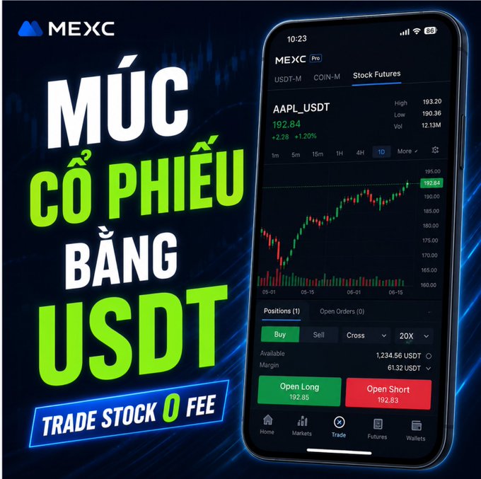 An advertisement for the MEXC app showing 'MỨC CỔ PHIẾU BẰNG USDT' and 'TRADE STOCK 0 FEE', featuring a phone screen displaying an AAPL_USDT stock futures trading chart.