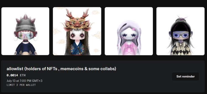A promotional graphic for an 'allowlist' NFT drop displays four anime-style character avatars priced at 0.0014 ETH.