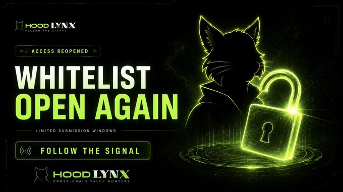 The image shows the "HOOD LYNX" logo, a stylized lynx silhouette wearing a hoodie, and a glowing green padlock, promoting "WHITELIST OPEN AGAIN" with a "FOLLOW THE SIGNAL" prompt. It visually reinforces the post's message about Hood Lynx whitelist submissions reopening, using cyber-themed graphics to emphasize the limited window for access.