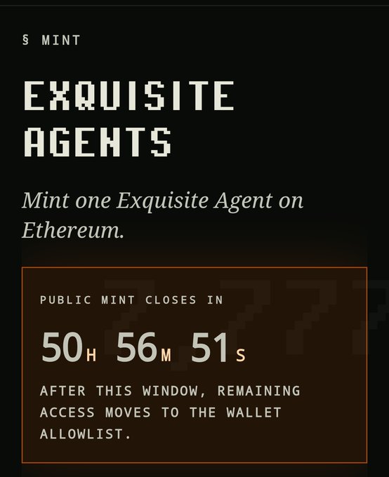 Pixelated 'EXQUISITE AGENTS' header promoting an NFT mint on Ethereum, with a countdown timer showing 50H 56M 51S until the public mint closes.