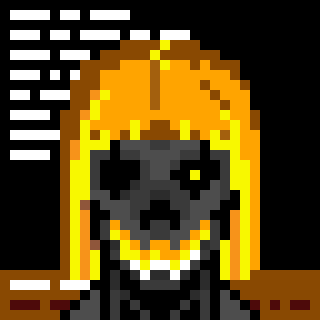 Pixel art of a skeletal figure wearing an orange and yellow crown-like headdress against a black background.