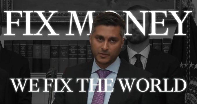A man in a suit stands at a podium with overlaid text reading "FIX MONEY" and "WE FIX THE WORLD."
