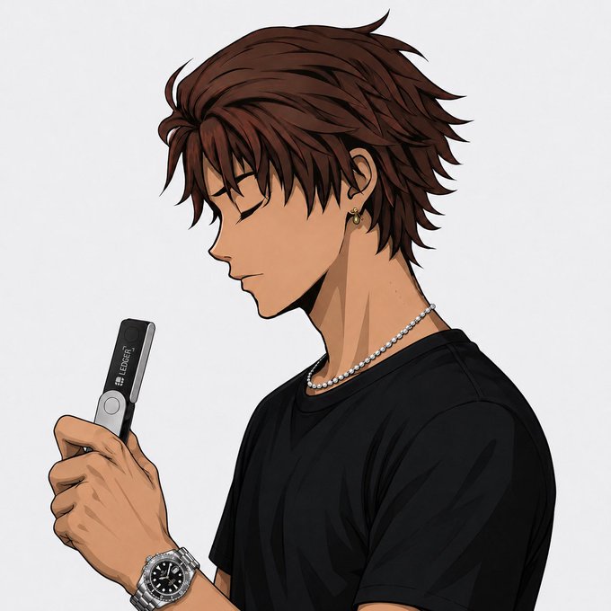 An anime-esque illustration shows a brown-haired young man in a black t-shirt and pearl necklace looking down at a Ledger hardware wallet, paired with a "gm" greeting that plays on the crypto slang while showcasing the wallet brand.