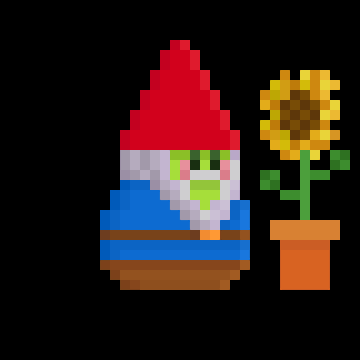 A pixel-art illustration of a garden gnome with a red pointed hat, blue shirt, and white beard, standing next to a potted sunflower on a black background.