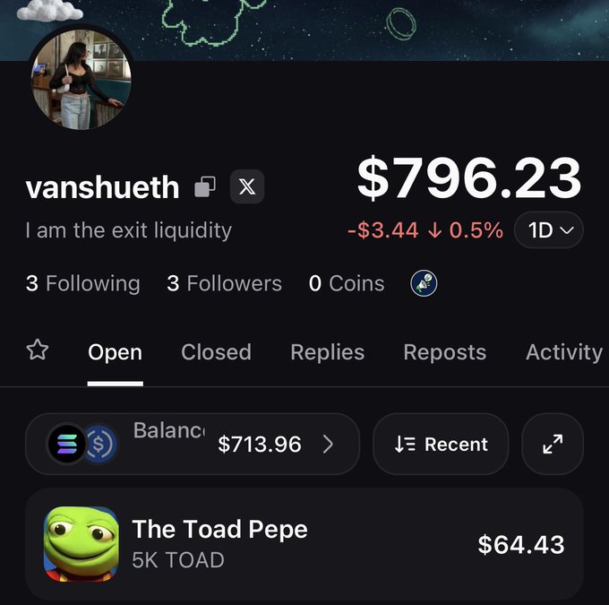 A screenshot of a social media profile for "vanshueth" with the bio "I am the exit liquidity," displaying a portfolio value of $796.23 and holdings including "The Toad Pepe" meme coin.