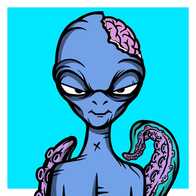 A cartoon illustration of a blue alien-like character with a visible pink brain, set against a bright cyan background.