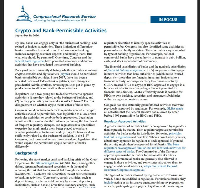 A Congressional Research Service report titled 'Crypto and Bank-Permissible Activities' dated September 30, 2026, discussing bank regulations regarding cryptocurrencies.