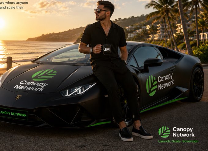 A promotional image showing a man in black leaning against a black Lamborghini with 'Canopy Network' branding, with the tagline 'Launch. Scale. Sovereign' and 'GM' on his shirt.