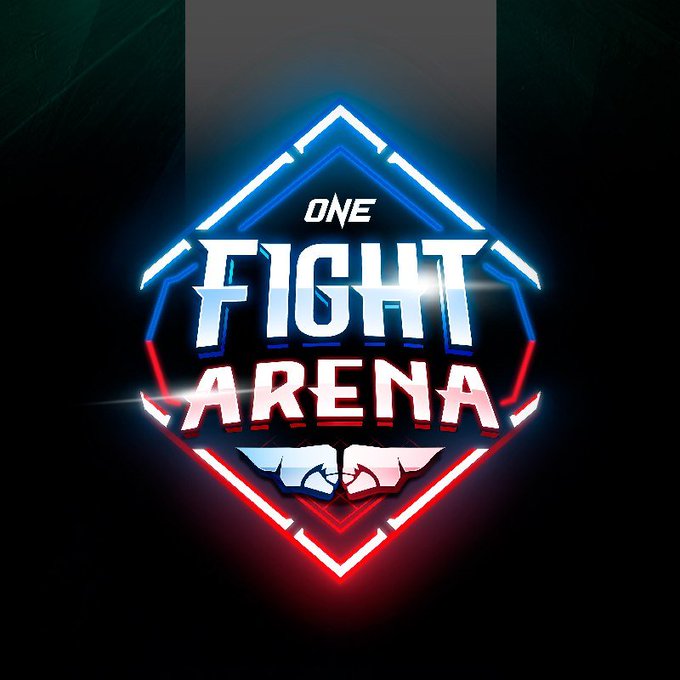 A glowing neon-style logo for 'ONE FIGHT ARENA' displayed within a hexagonal shield emblem with blue and red lighting against a dark background.
