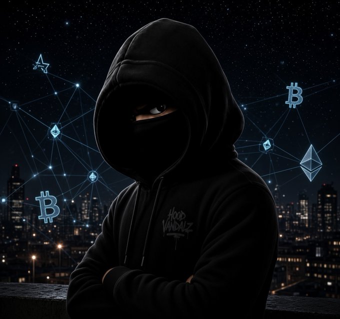 A hooded figure with a masked face stands on a rooftop overlooking a nighttime cityscape, surrounded by floating Bitcoin and Ethereum blockchain symbols connected by a network grid.