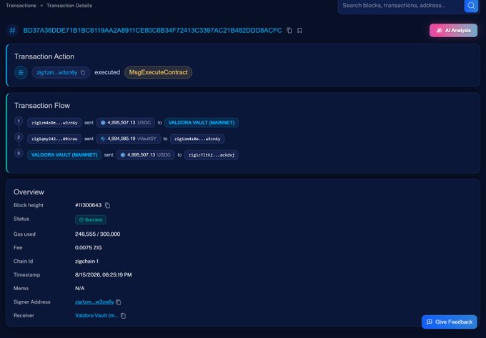 ZigScan blockchain transaction details page showing a $4,995,507.13 USDC transfer involving zig1zm...w3n6y, zigbqykk1...ekdrwd, and VALDORA VAULT (MAINNET) with MsgExecuteContract, timestamp 8/15/2026.