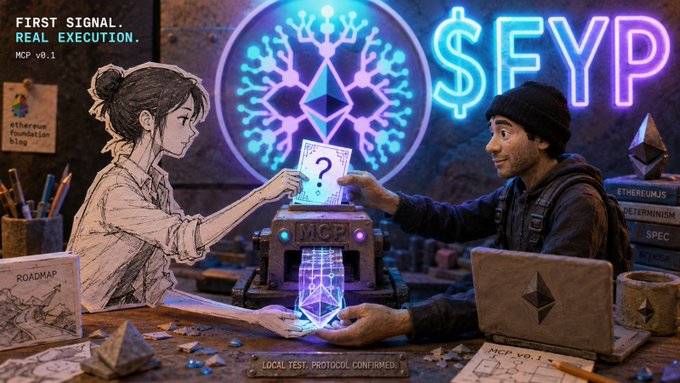 A digital illustration promoting '$FYP' cryptocurrency with text 'FIRST SIGNAL. REAL EXECUTION. MCP v0.1', showing two figures exchanging a card with a question mark near an Ethereum logo and device labeled 'MCP'.