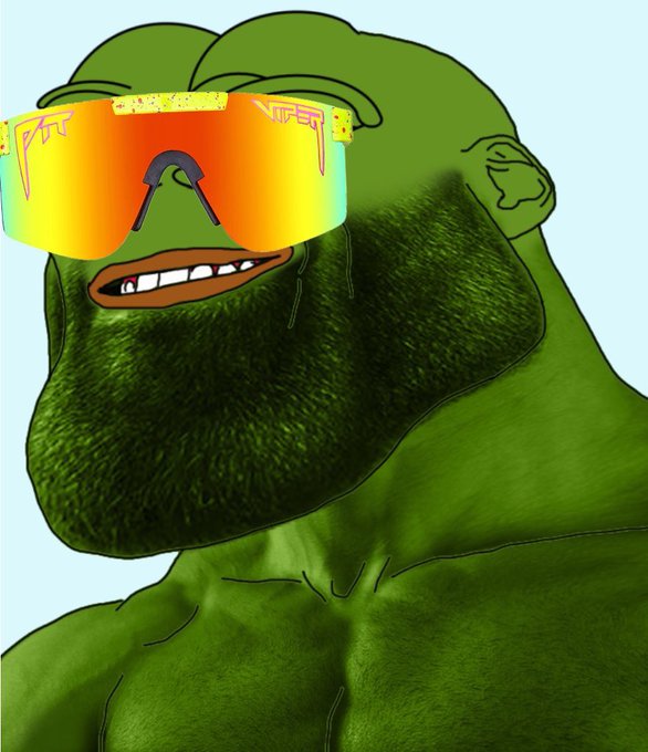 A close-up cartoon-style illustration of a muscular green character wearing yellow-orange sunglasses with blood-like drips on the frames.