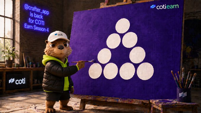 The image features a cartoon bear standing next to a painting of circles, with the caption "Mint to Complete the Mission Crafter ( @crafter_app ) is back for Earn SZN 4 Connect your Wallet to Earn & Mint an NFT on Crafter → Earn TPS #earn.coti.io". The bear appears to be teaching someone how to paint circles, and there are several paintings in the background that show different stages of painting a circle.
