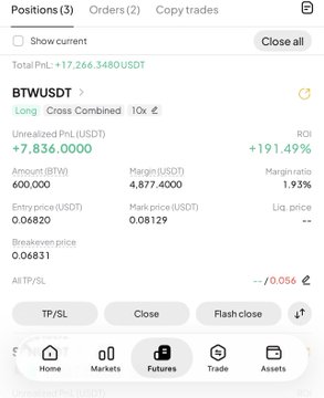 A trading app screenshot shows an open LONG position on BTWUSDT with an unrealized PNL of +7,836.00 USDT (+191.49% ROI) at an entry price of 0.06820, confirming the post's claim of a $7,800 profit and +190% returns on the BTW trade.