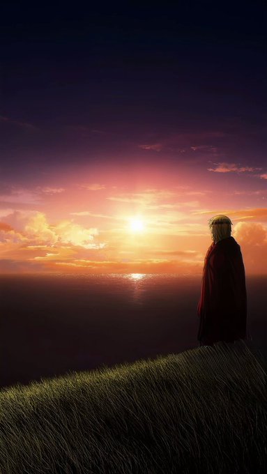 The image shows a person standing alone at the edge of a cliff, overlooking the ocean during sunset. They are dressed in red clothing and have their back turned towards the camera. The sky above them is painted with hues of orange and pink, creating a beautiful backdrop for this serene scene. The post reads "good afternoon CT", which seems to be a reference to the time of day captured in the image.