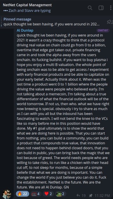 A Telegram chat screenshot from 'NetNet Capital Management' showing a pinned long message from Al Dunlap reflecting on building NetNet from 0 to $1 billion, sent at 11:32 PM with 22 fire, 4 dislikes, 2 hearts, and 19 views.