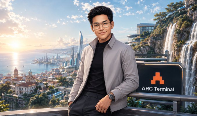 A digitally rendered portrait of a smiling young man with glasses wearing a grey jacket, standing on a balcony overlooking a fantasy coastal city with waterfalls and modern skyscrapers, next to an 'ARC Terminal' sign.