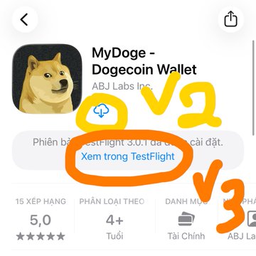 The image shows a screenshot of an iPhone screen with an app that appears to be related to a Dogecoin wallet, possibly for an upgrade or return. The text indicates that the application is available in both MyDoge v3 (beta) and Vietnamese versions on the iPhone. It also suggests that users need to choose between upgrading to v3 or returning to v2 according to their preferences. Additionally, there are notes about various functions of the app, but they are not directly relevant to the main focus of the image: a Dogecoin wallet app.