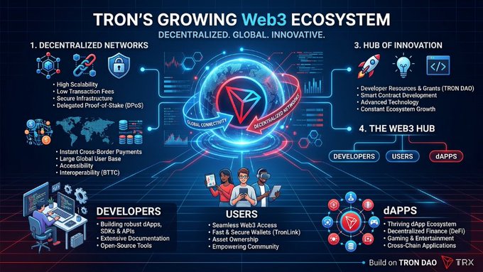 An infographic titled "TRON'S GROWING Web3 ECOSYSTEM" highlighting four pillars—Decentralized Networks, Hub of Innovation, and The Web3 Hub—centered around the TRON logo and featuring the categories Developers, Users, and dApps with related icons and the "Build on TRON DAO TRX" tagline.