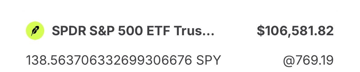 A financial display shows an investment in 'SPDR S&P 500 ETF Trus..' with a value of $106,581.82, holding 138.563706332699306676 shares of 'SPY' at $769.19.