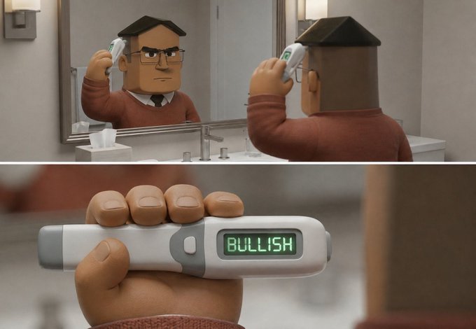 Two frames from a 3D animation showing a stylized man in a bathroom holding a device that displays the word "BULLISH" on its screen.