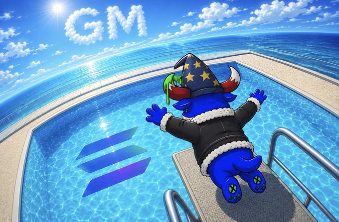 A blue dragon-like character wearing a wizard hat and fur-lined coat dives into a swimming pool with the Solana (SOL) logo on the bottom, with clouds spelling 'GM' in the sky.