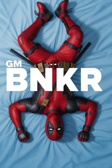 A promotional image of Deadpool in his red and black costume lying on a blue background with 'GM BNKR' text overlay.