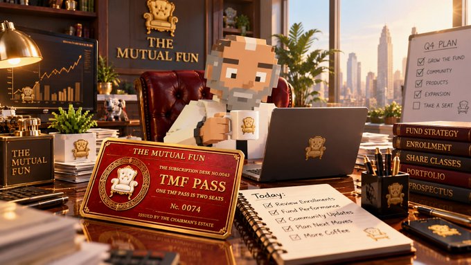 A pixel-art character sits at an office desk with a 'THE MUTUAL FUN' pass labeled 'TMF PASS' (No. 0074), surrounded by financial books and a 'Q4 PLAN' whiteboard.