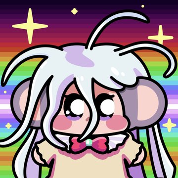 A cartoon illustration depicts a chibi-style character with white hair, animal ears, and a rainbow striped background with stars.