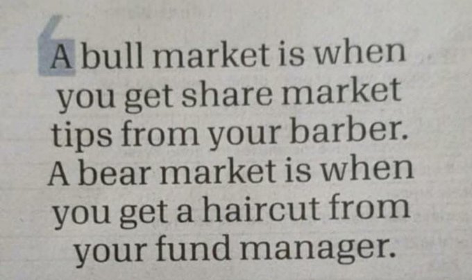 A printed quote reading: "A bull market is when you get share market tips from your barber. A bear market is when you get a haircut from your fund manager."