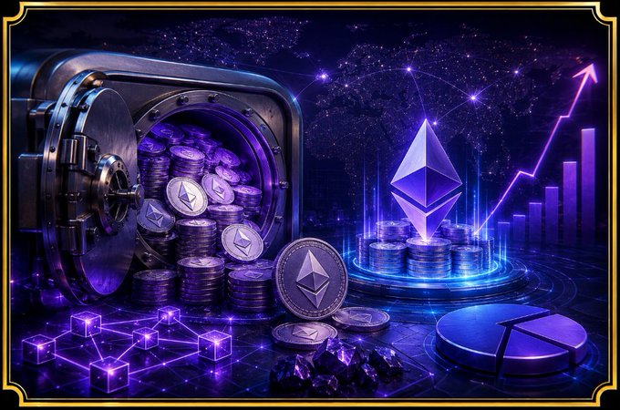 A stylized graphic of an open vault filled with Ethereum (ETH) coins, featuring a glowing Ethereum logo on a pedestal with an upward arrow and bar chart in the background.